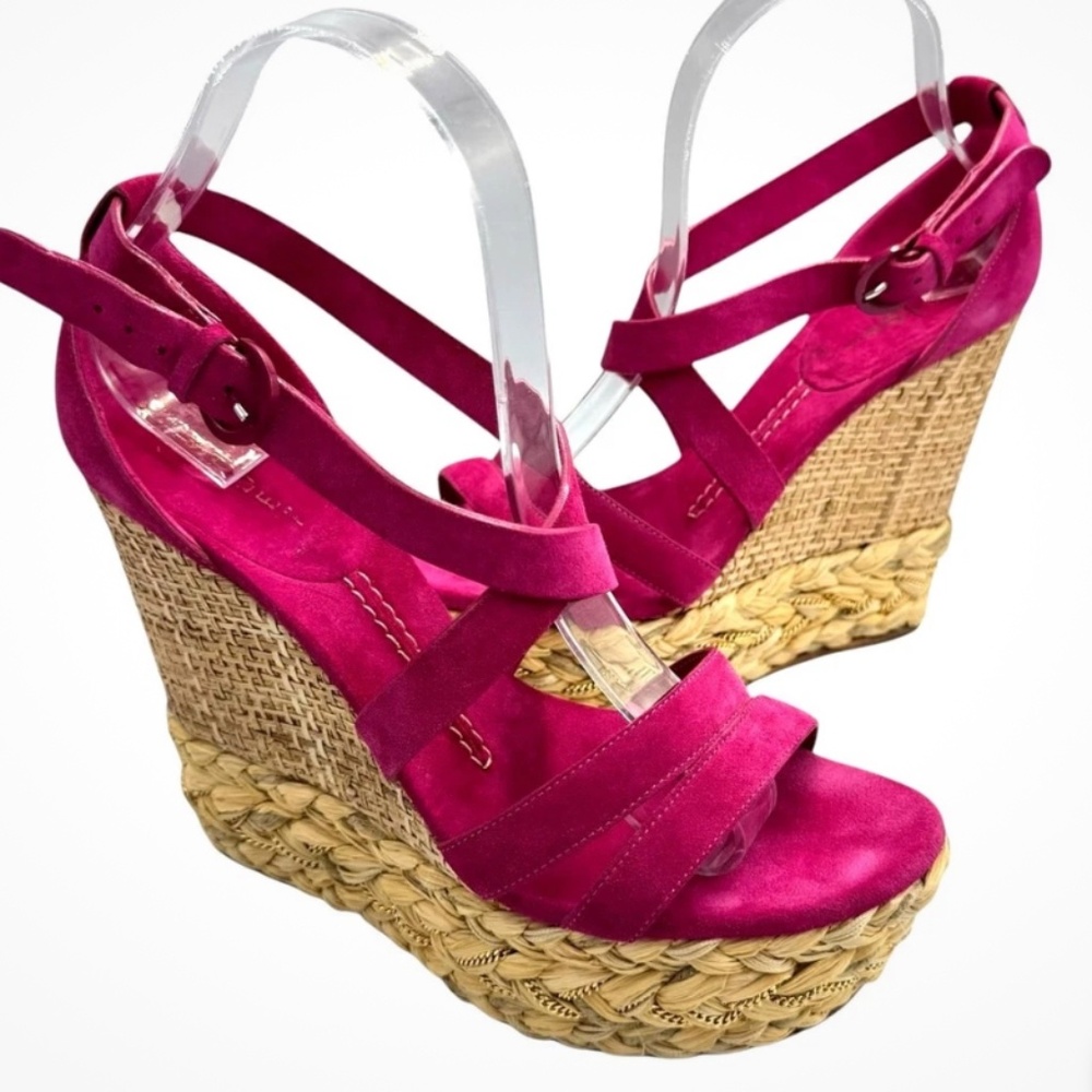 Casadei sz.9Renna Beauville Fuchsia Pink Suede Leather Espadrille Wedge Sandals
